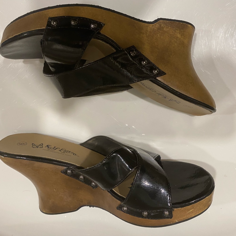 Self Esteem Black Patent Open Toe Wedge